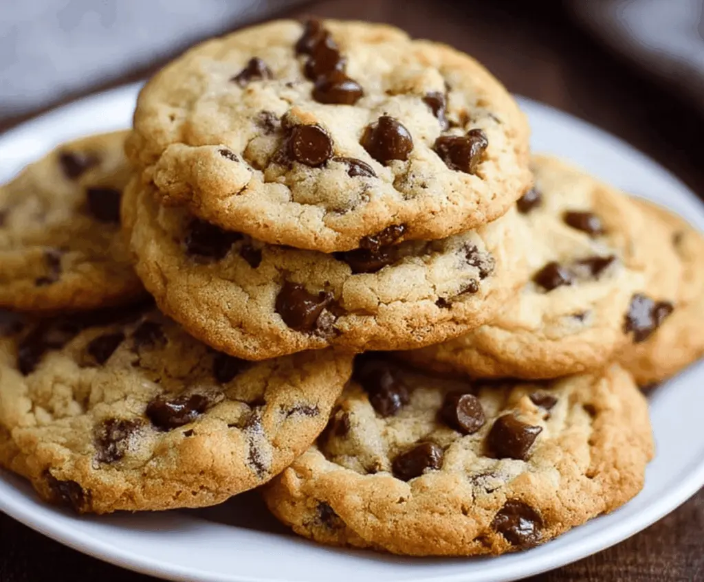 Delicious homemade classic chocolate chip cookies fresh out of the oven, featuring golden-brown edges and gooey chocolate chips, perfect for a timeless treat.