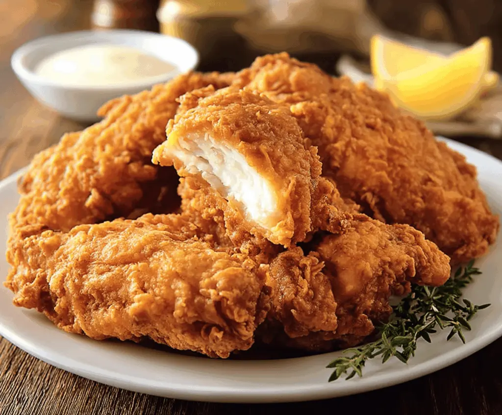 Golden crispy country fried chicken served on a plate, showcasing a classic Southern comfort dish with a crispy breaded coating and tender interior.