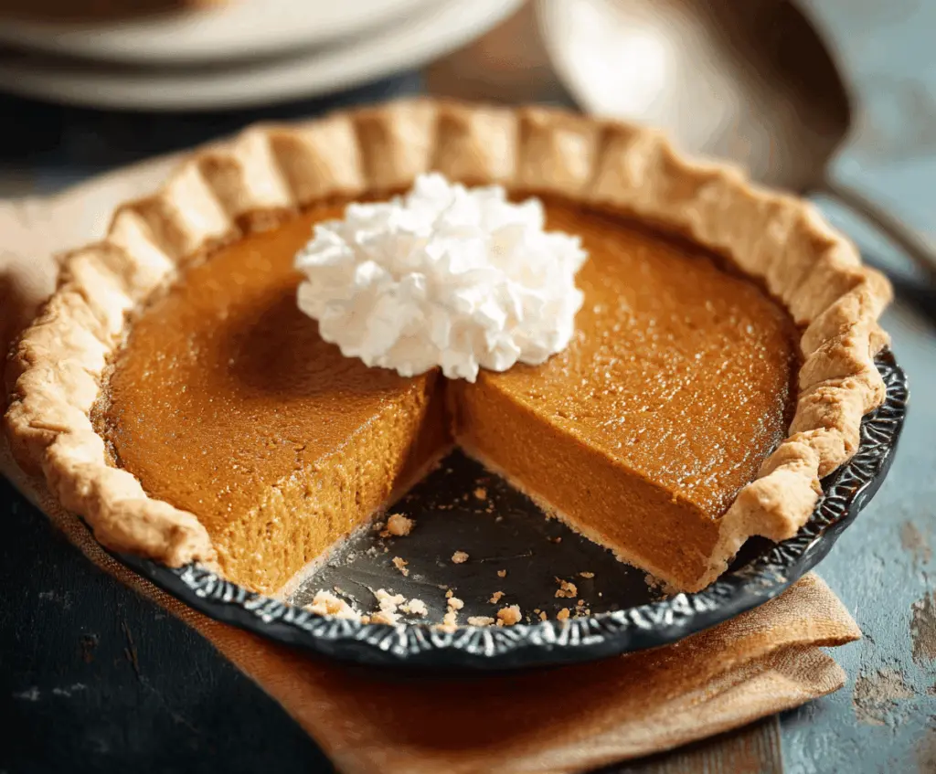 Slice of classic pumpkin pie with whipped cream on a festive holiday table, perfect for Thanksgiving dessert