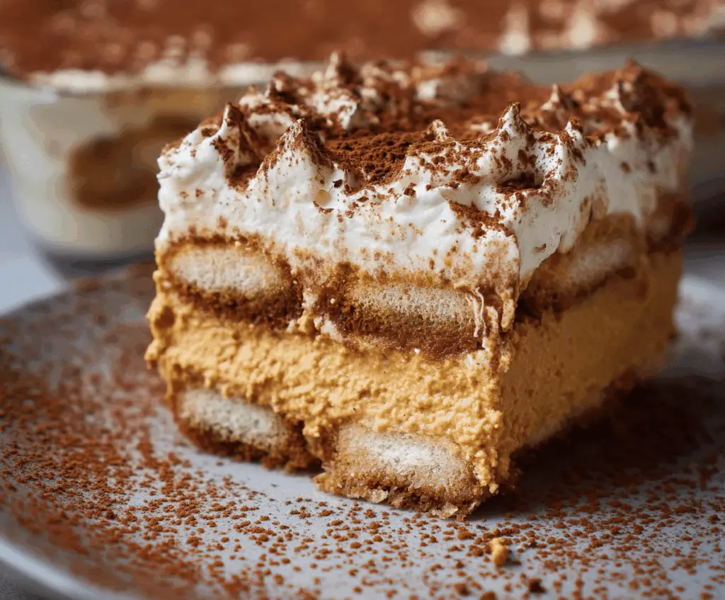 Creamy Pumpkin Spice Tiramisu dessert with layers of mascarpone cheese, pumpkin puree, and spices, topped with cocoa powder for a flavorful fall treat.