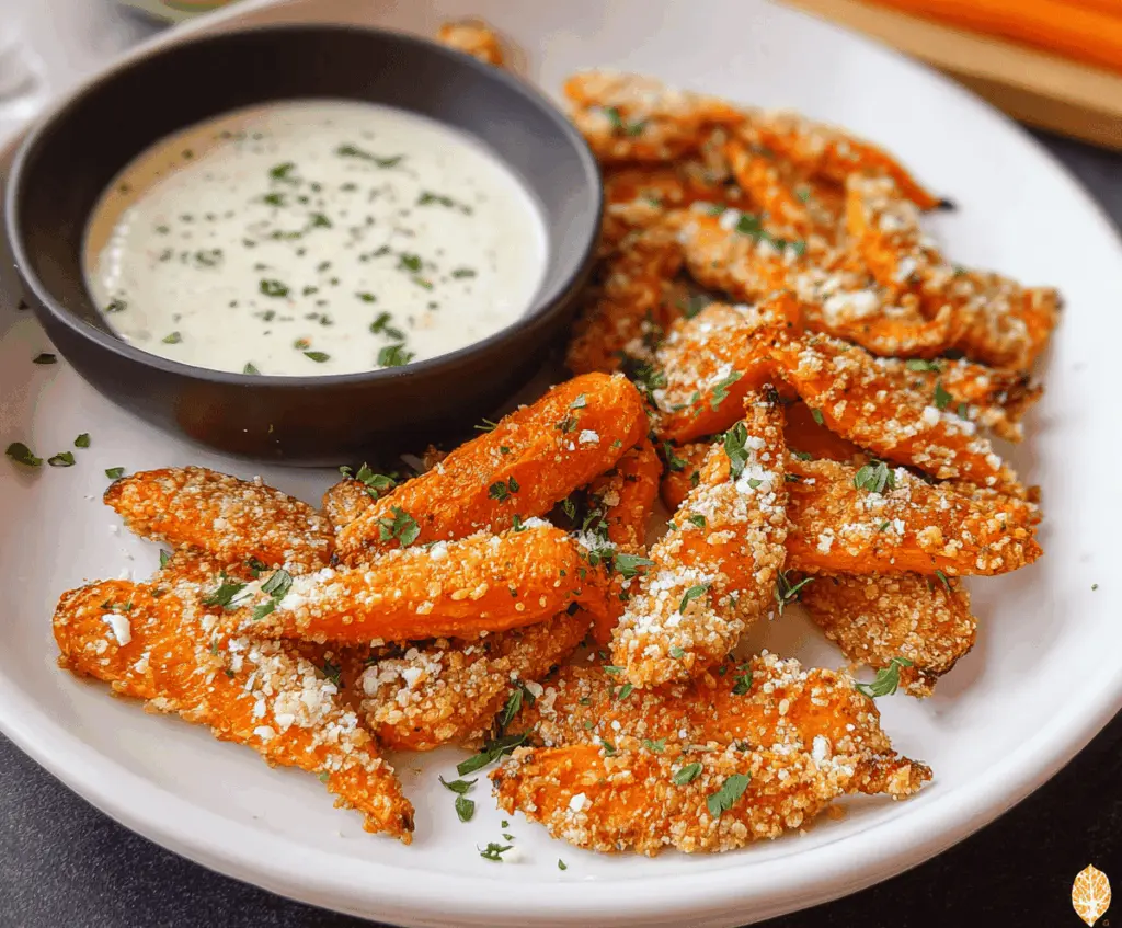 Crispy Parmesan Ranch Smashed Carrots served on a plate, garnished with fresh herbs, perfect for a flavorful homemade side dish
