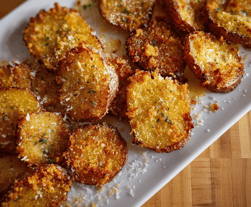 Golden crispy Parmesan smashed potatoes topped with fresh herbs and melted cheese, perfect as a savory side dish.