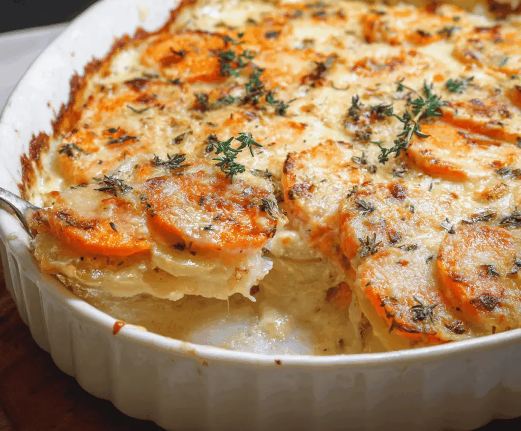 Delicious homemade sweet potato gratin topped with creamy cheese and fresh thyme on a rustic baking dish.