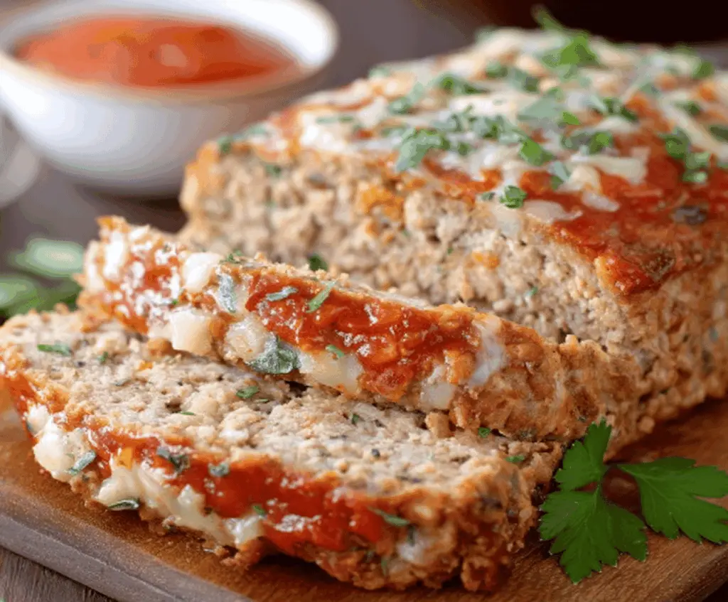 Delicious homemade easy chicken meatloaf plated with fresh herbs and vegetables.