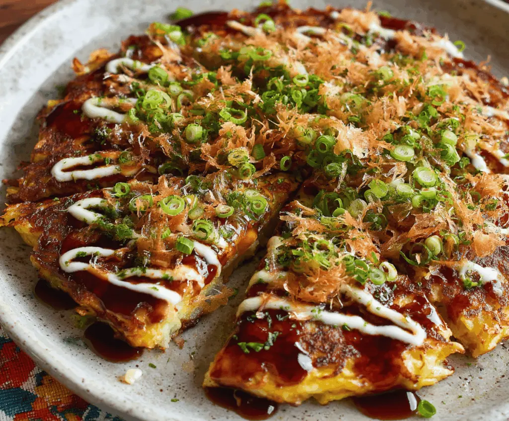 Delicious homemade okonomiyaki Japanese savory pancake topped with sauce and green onions.