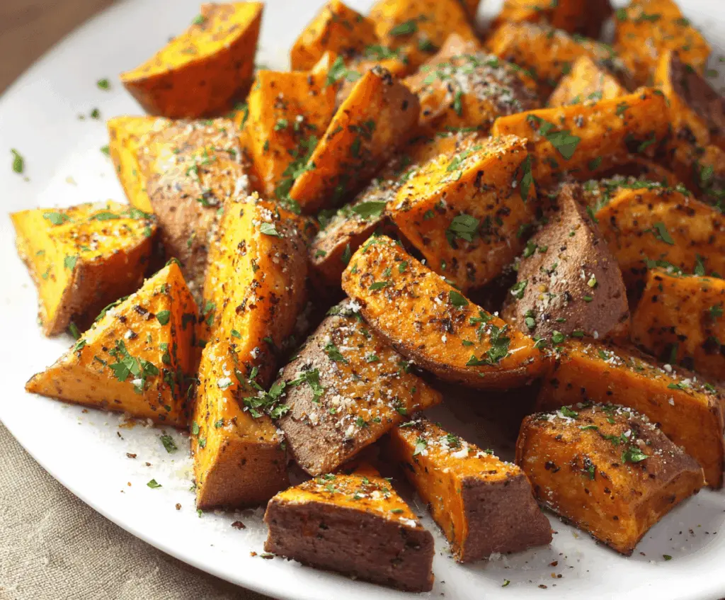 Baked sweet potatoes garnished with herbs and parmesan cheese on a white plate.