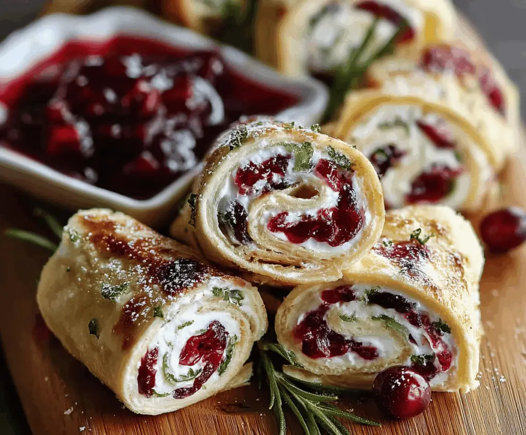Delicious Festive Christmas Cranberry Roll Ups garnished with fresh herbs on a holiday-themed plate.