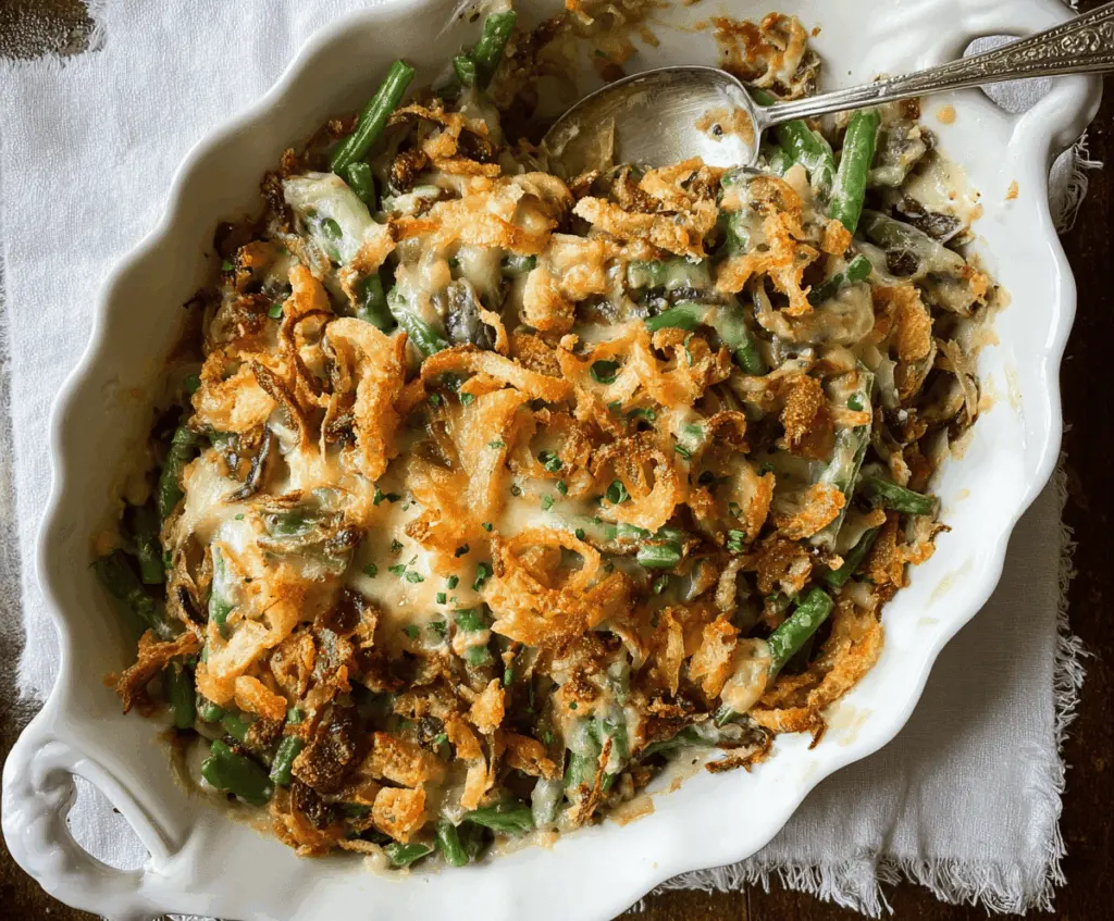 Creamy French Onion Green Bean Casserole topped with caramelized onions and melted cheese, perfect for holiday dinners.