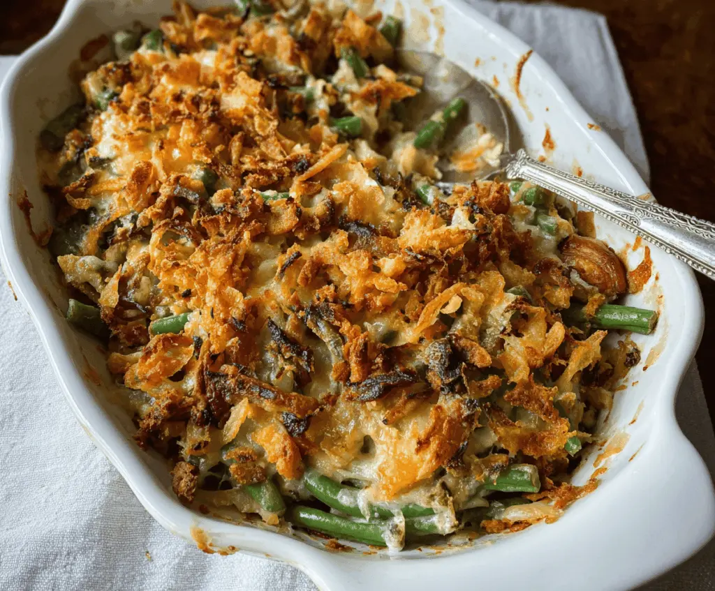Delicious French Onion Green Bean Casserole topped with crispy fried onions, served in a baking dish for a savory holiday side dish.