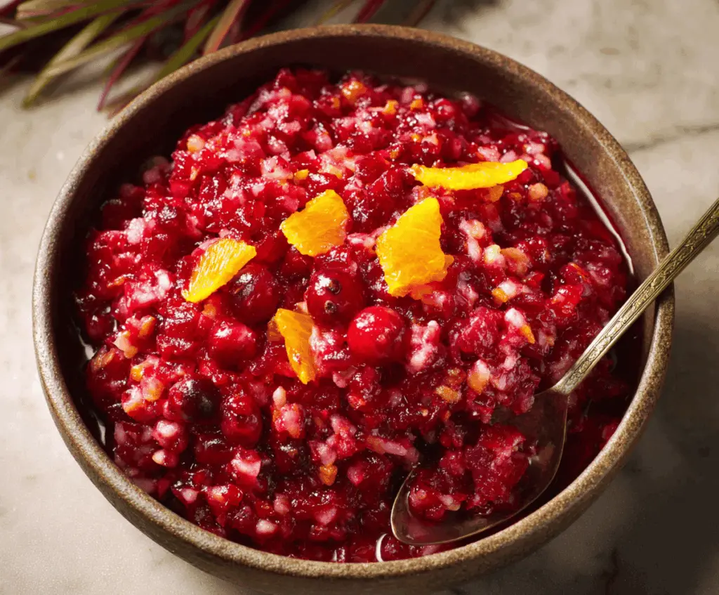 Bright and festive fresh cranberry-orange relish in a bowl, perfect for Thanksgiving holiday celebration.