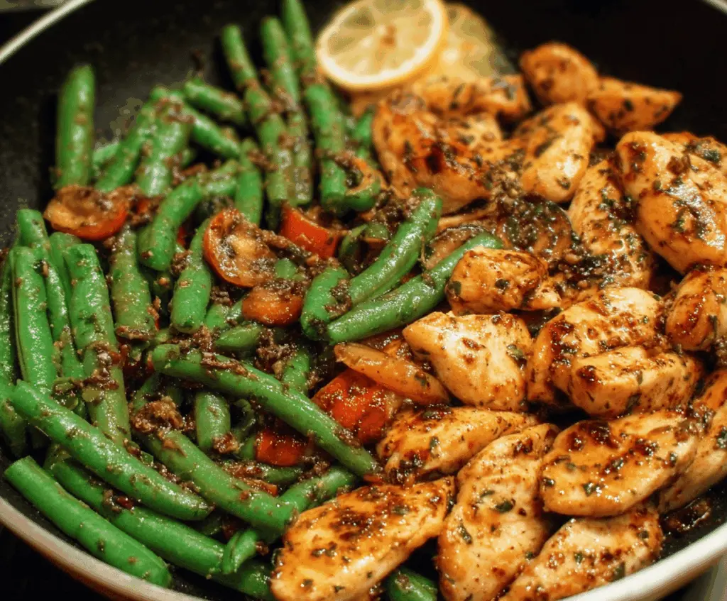 Delicious garlic chicken and green bean stir-fry served in a bowl, featuring tender chicken pieces, vibrant green beans, and a savory sauce for a healthy, flavorful meal.