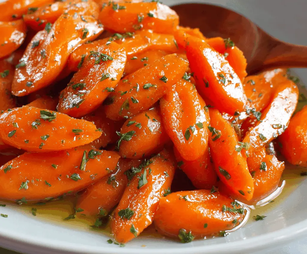 Bright glazed carrots garnished with fresh herbs on a white plate, perfect for a flavorful and colorful side dish.