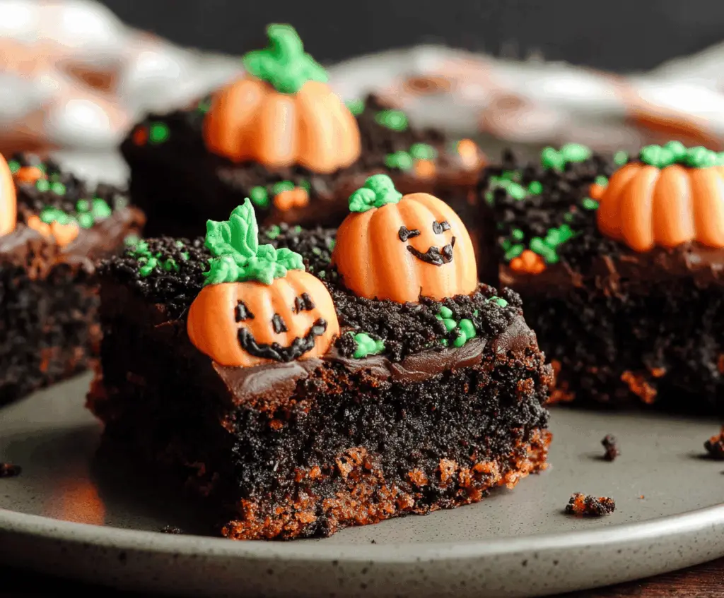 Decorative Halloween Pumpkin Patch Brownies with festive orange frosting and candy pumpkins, perfect for spooky celebrations
