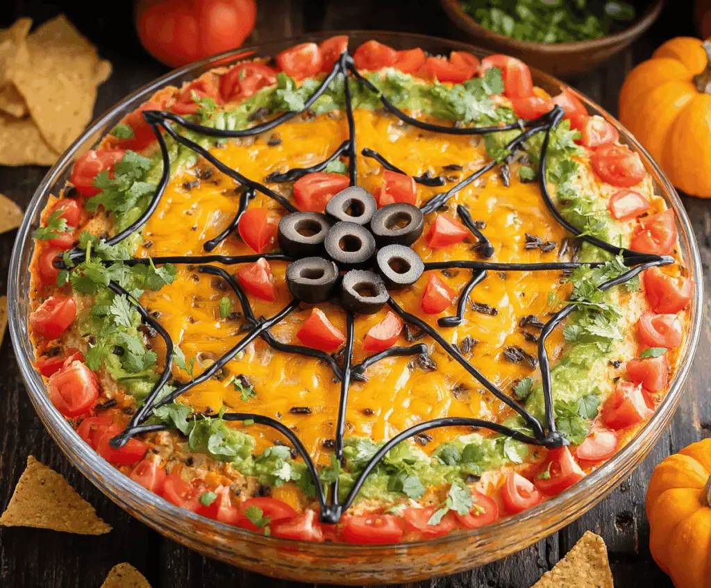 Colorful Halloween Spiderweb Layered Taco Dip with tortilla chips, sour cream, guacamole, salsa, and black olives, perfect for spooky party snacks