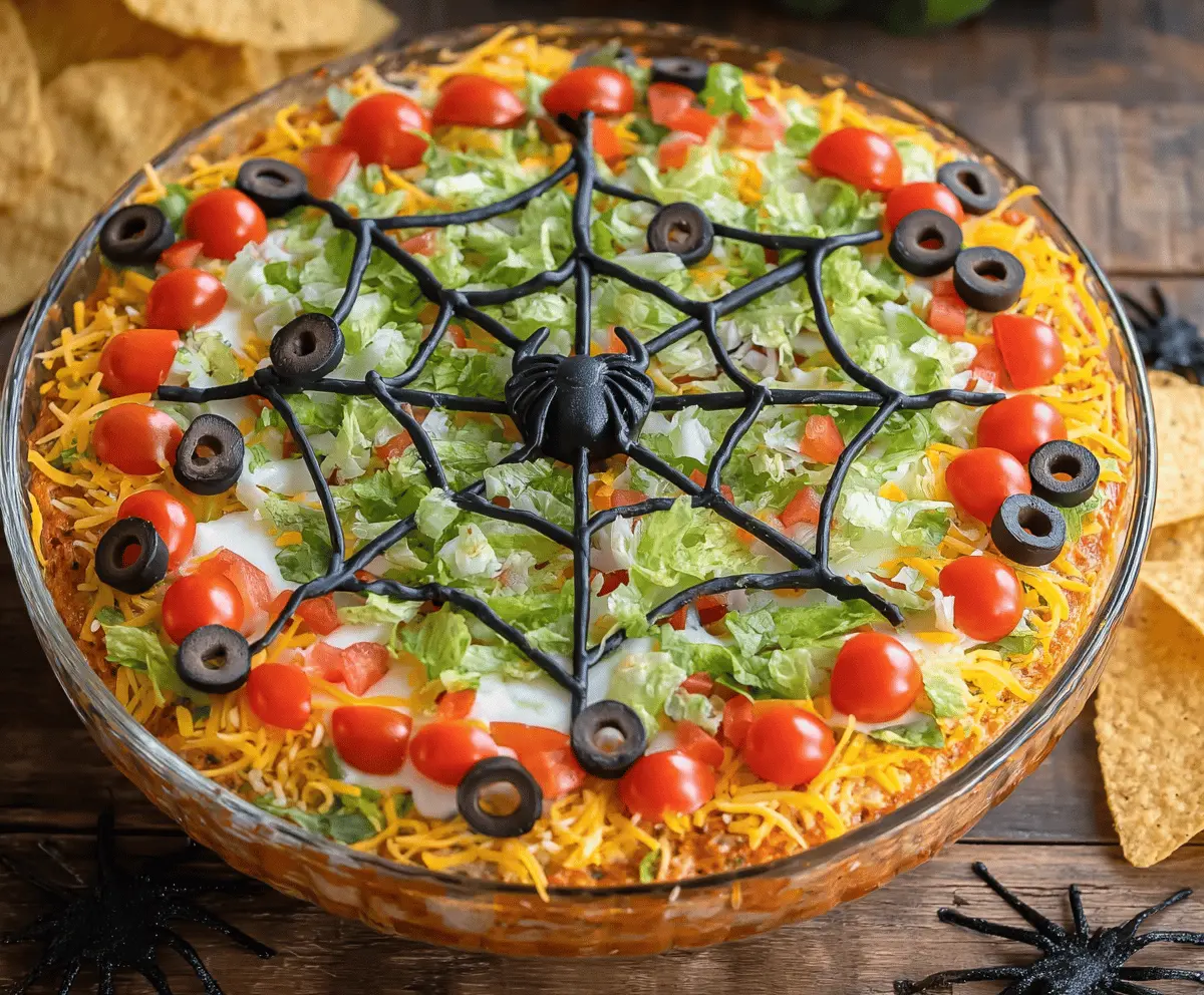 Spooky Halloween Spiderweb Layered Taco Dip Recipe