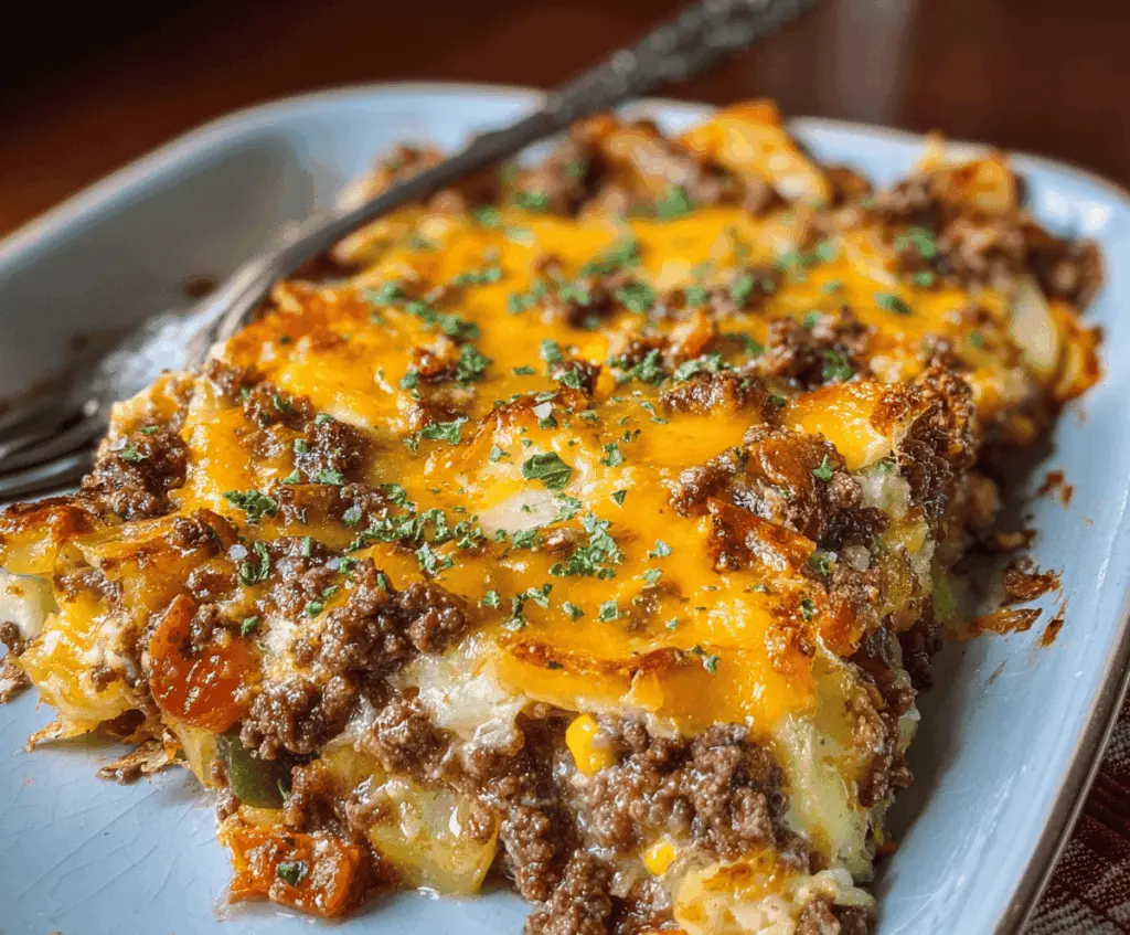 Delicious Hobo Casserole with Ground Beef topped with melted cheese and fresh herbs, served in a baking dish