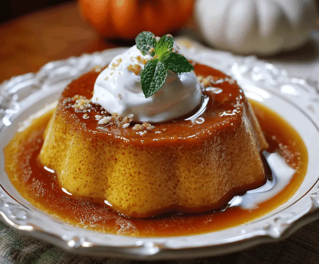 Creamy homemade pumpkin flan topped with caramel sauce and a sprinkle of cinnamon, perfect for fall desserts.