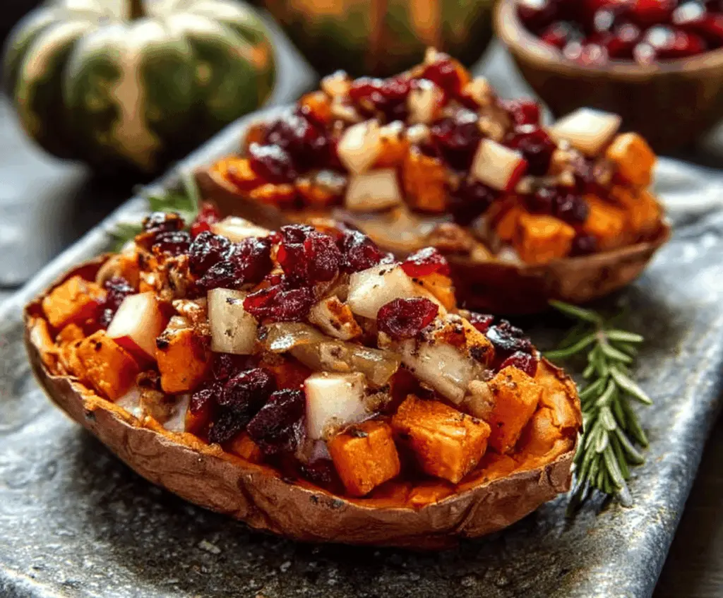 Delicious twice-baked sweet potatoes topped with fresh cranberries and apples for a festive holiday dish.