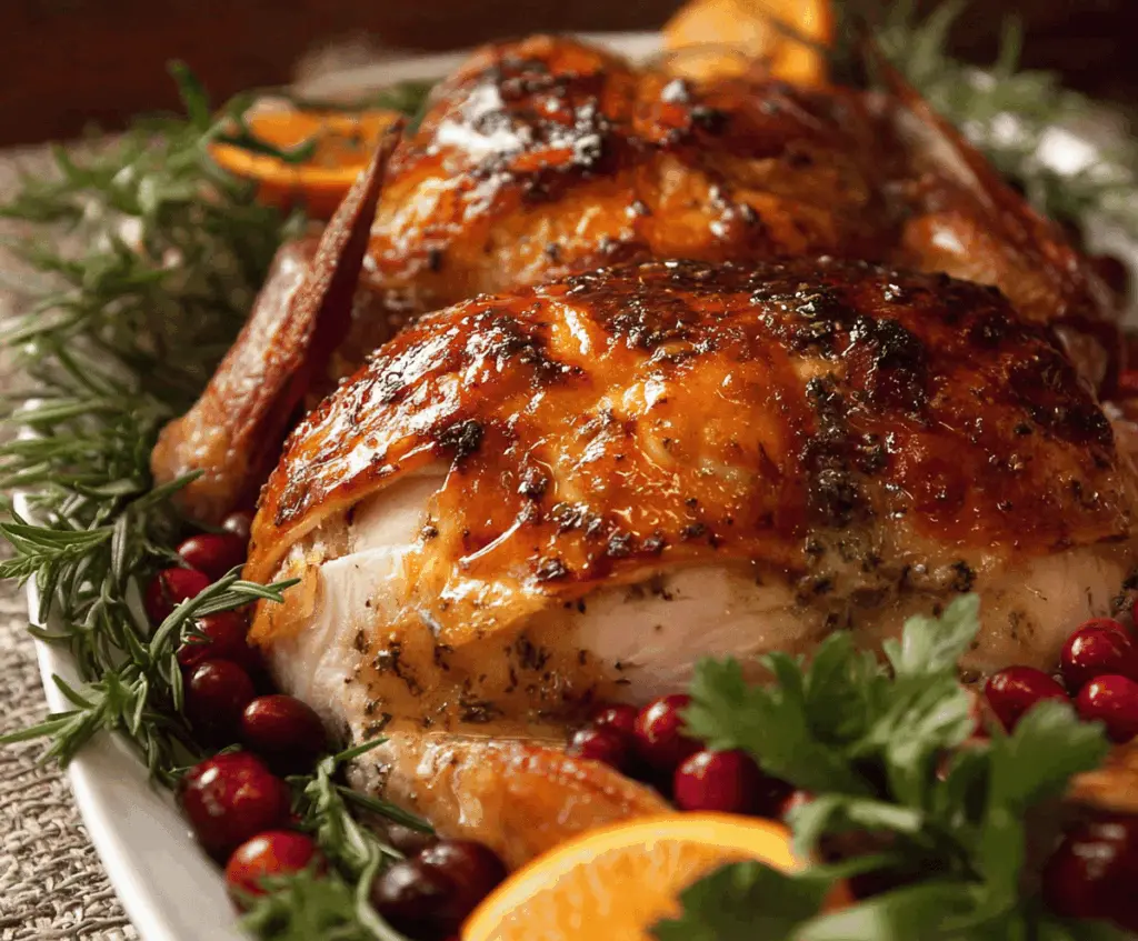 Juicy, golden-brown brined roast turkey garnished with herbs on a platter, ready to serve for a festive meal.