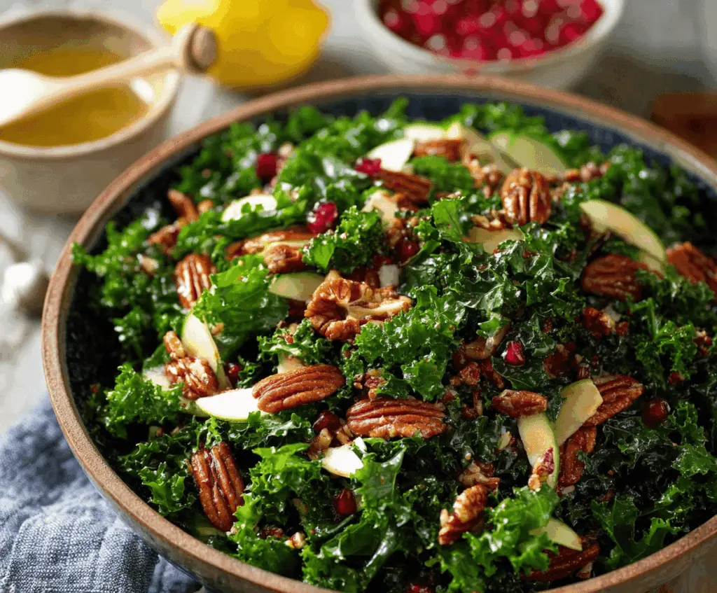 Fresh kale salad topped with crunchy pecans and vibrant vinaigrette for a healthy meal.