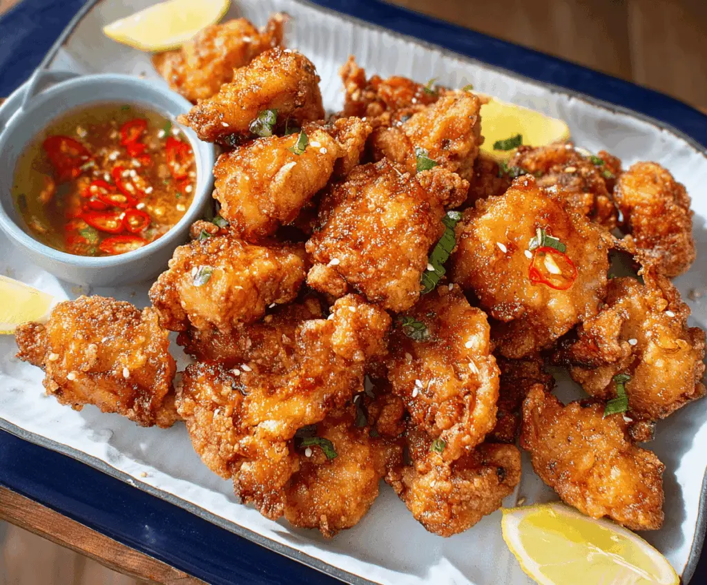 Crispy Japanese karaage chicken served with lemon and dipping sauce, perfect for a flavorful fried chicken recipe