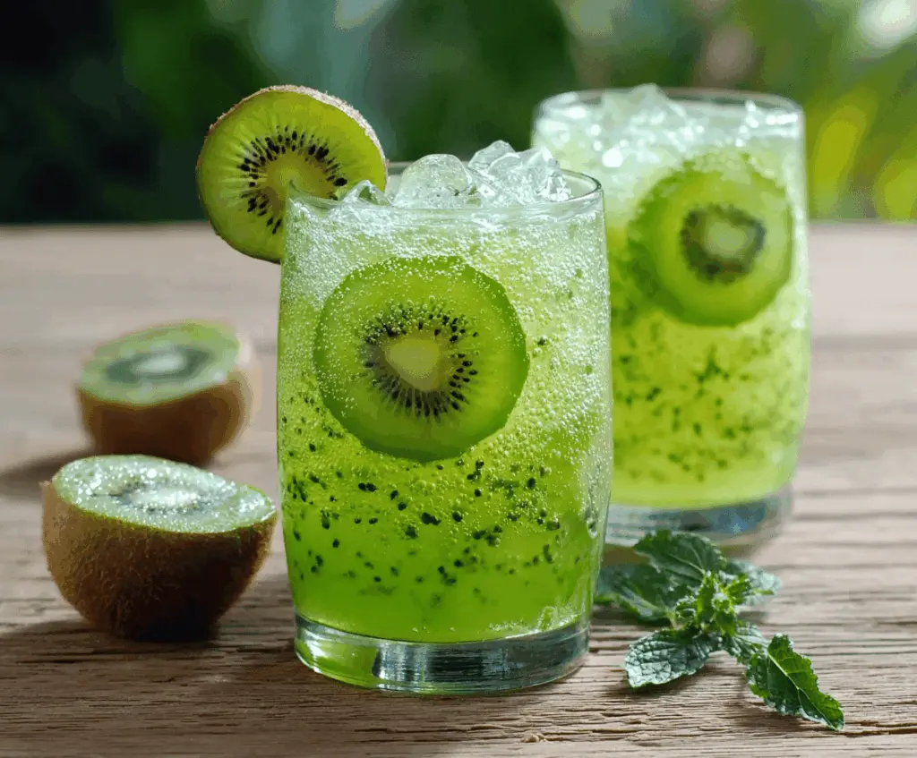 Refreshing Kiwi Cucumber Cooler drink with fresh kiwi slices, cucumber, and mint leaves in a glass, perfect for summer hydration