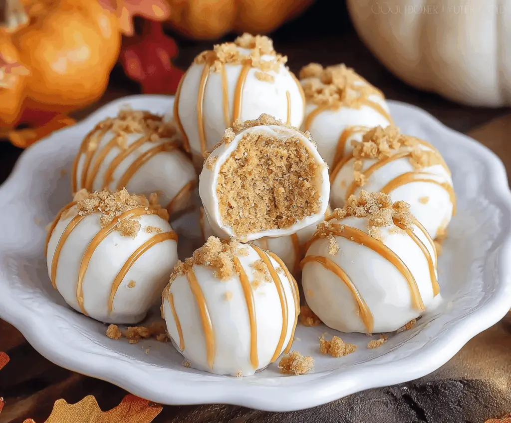 Delicious no-bake pumpkin cheesecake balls on a plate, garnished with crushed graham crackers and cinnamon for a festive fall dessert