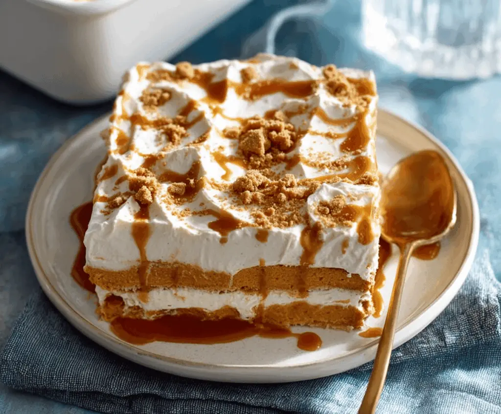 Delicious no-bake pumpkin icebox cake layered with creamy pumpkin filling and graham cracker crust, perfect for fall desserts