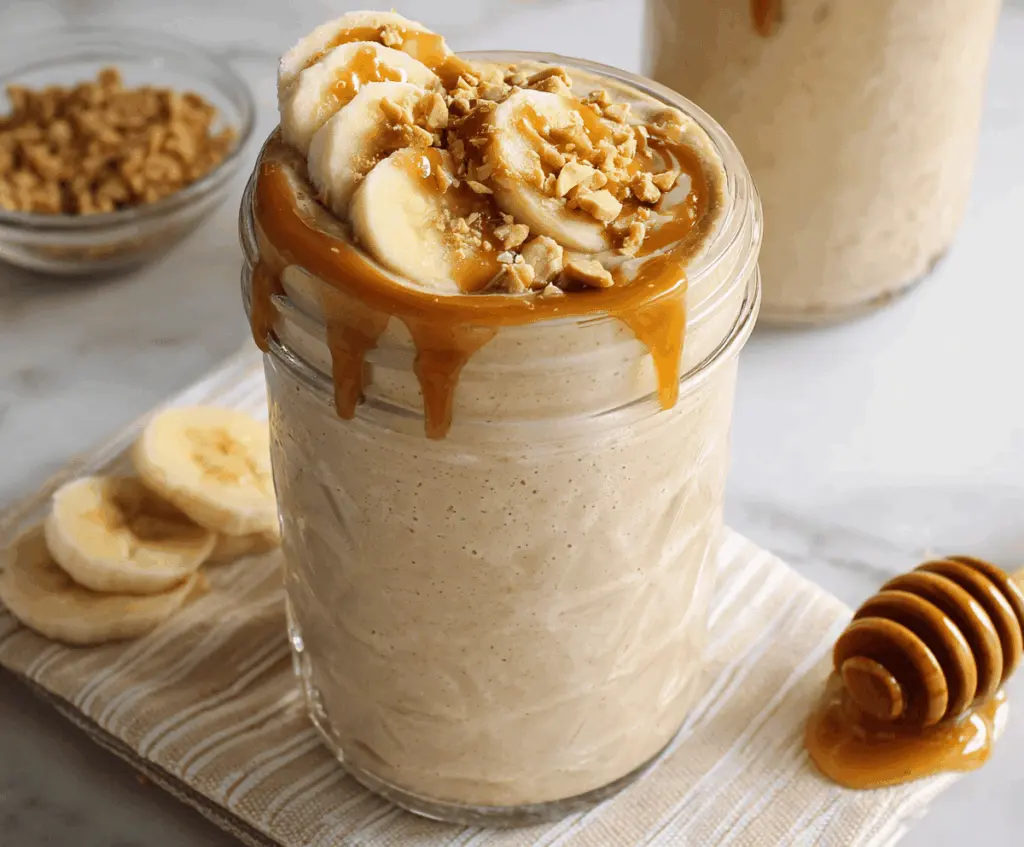Creamy peanut butter banana smoothie in a glass garnished with sliced bananas and a sprinkle of cocoa powder, perfect for a nutritious breakfast or snack.