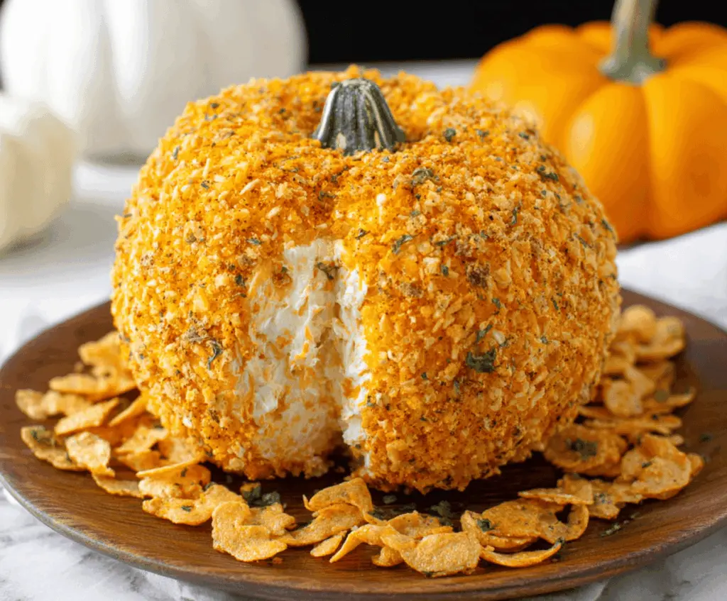 Creamy pumpkin cheese ball decorated with pretzels and herbs, perfect for fall parties and holiday gatherings.