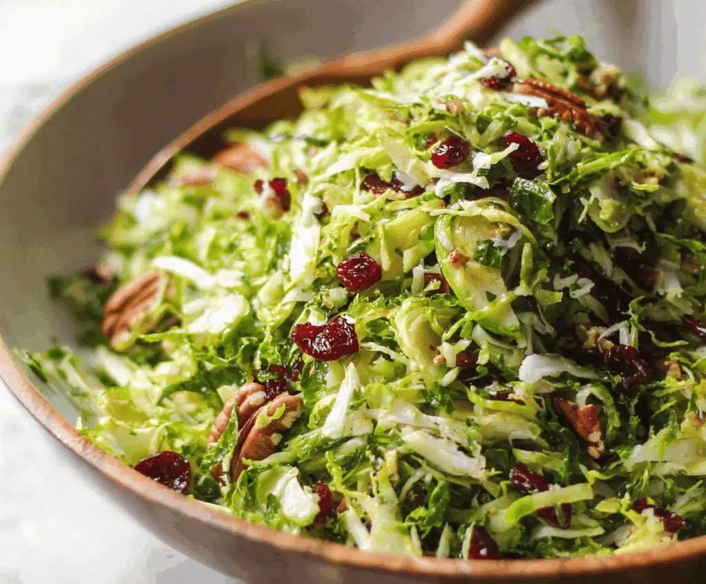 Fresh shaved Brussels sprouts salad with lemon and herbs, perfect for a healthy meal.