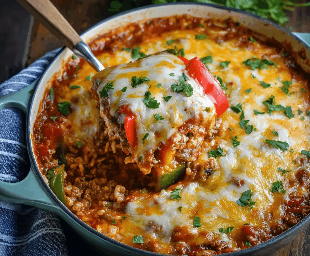 Delicious stuffed pepper casserole topped with melted cheese and fresh herbs, served in a baking dish
