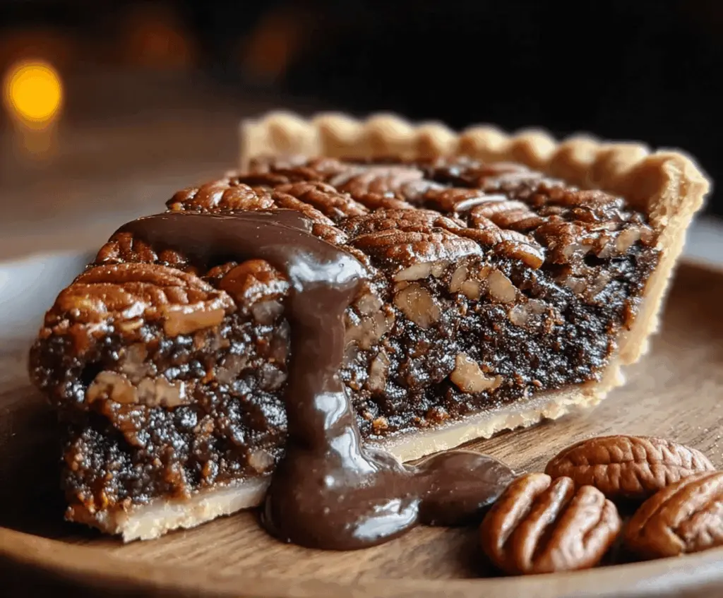 Delicious homemade Texas Chocolate Pecan Pie topped with chocolate drizzle and toasted pecans, perfect for dessert