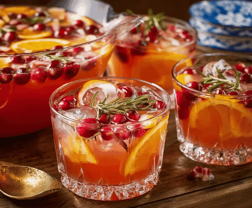 Colorful Thanksgiving Punch served in a clear glass pitcher with fresh fruit garnishes, perfect for holiday celebrations.