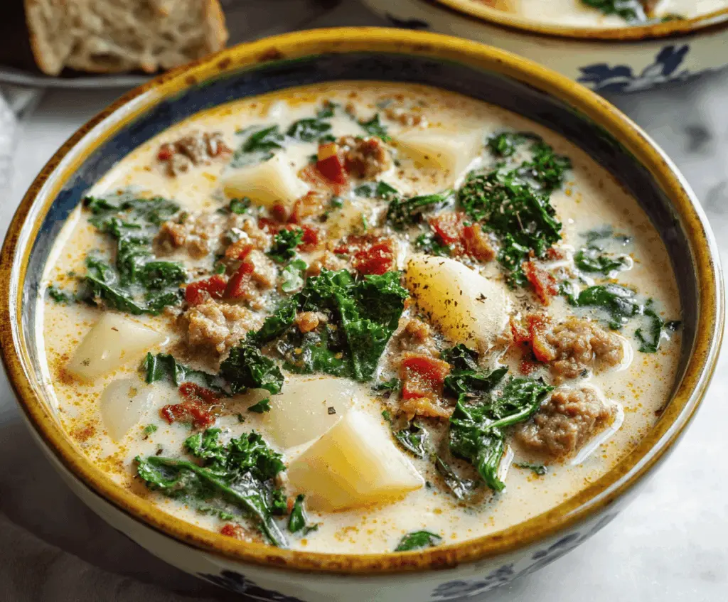 Creamy Zuppa Toscana soup featuring kale, Italian sausage, potatoes, and crispy bacon in a savory broth, served steaming hot.