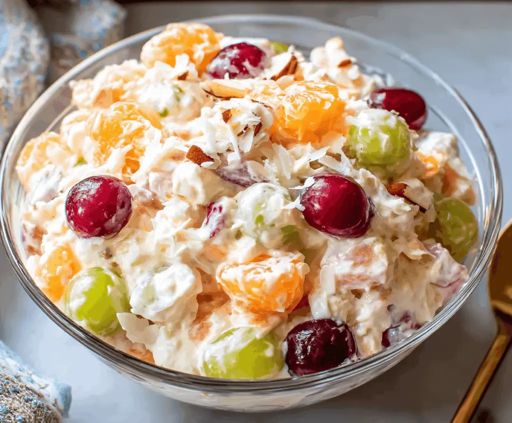 Colorful Ambrosia Salad with whipped cream, marshmallows, and pineapple in a glass bowl.