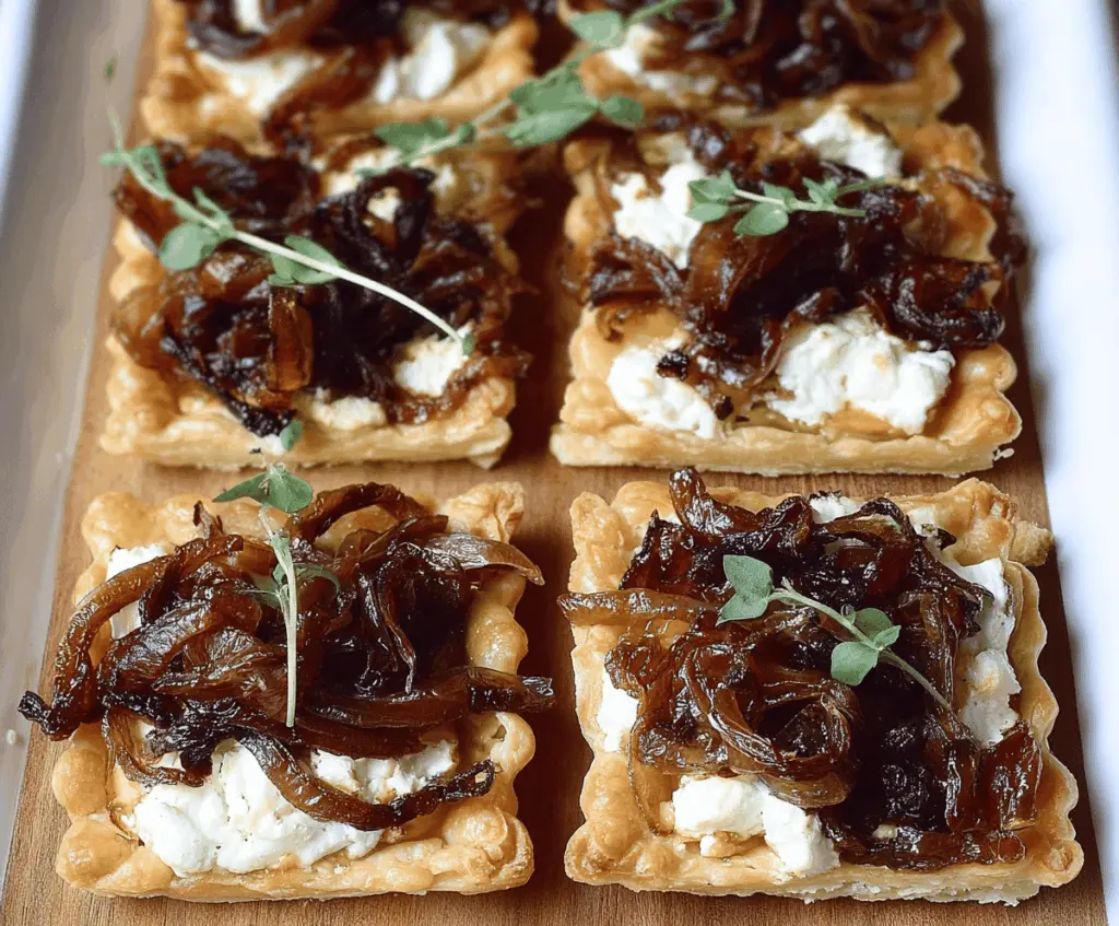Delicious caramelized onion and goat cheese tartlets garnished with fresh herbs served on a wooden platter.