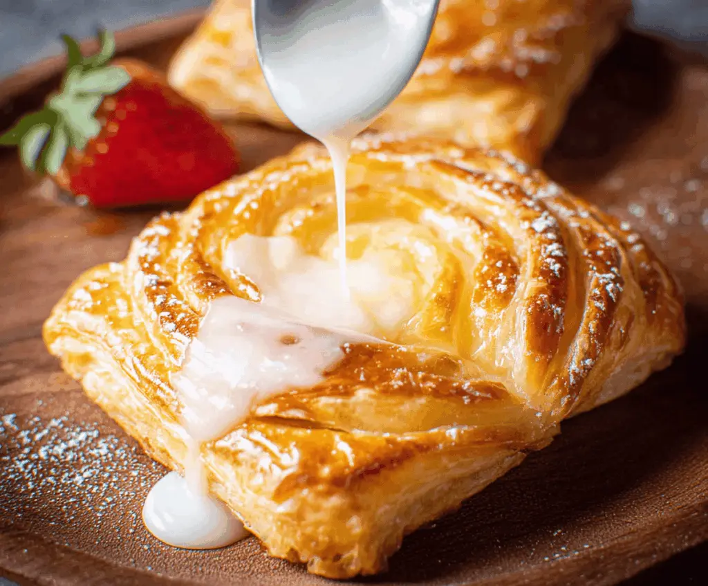 Delicious cheesecake Danish pastry with a golden, flaky crust and creamy filling topped with powdered sugar.
