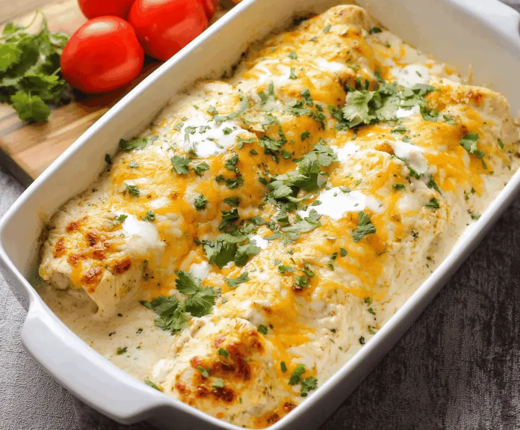 Delicious cheesy chicken enchiladas topped with melted cheese and served with a creamy sauce.