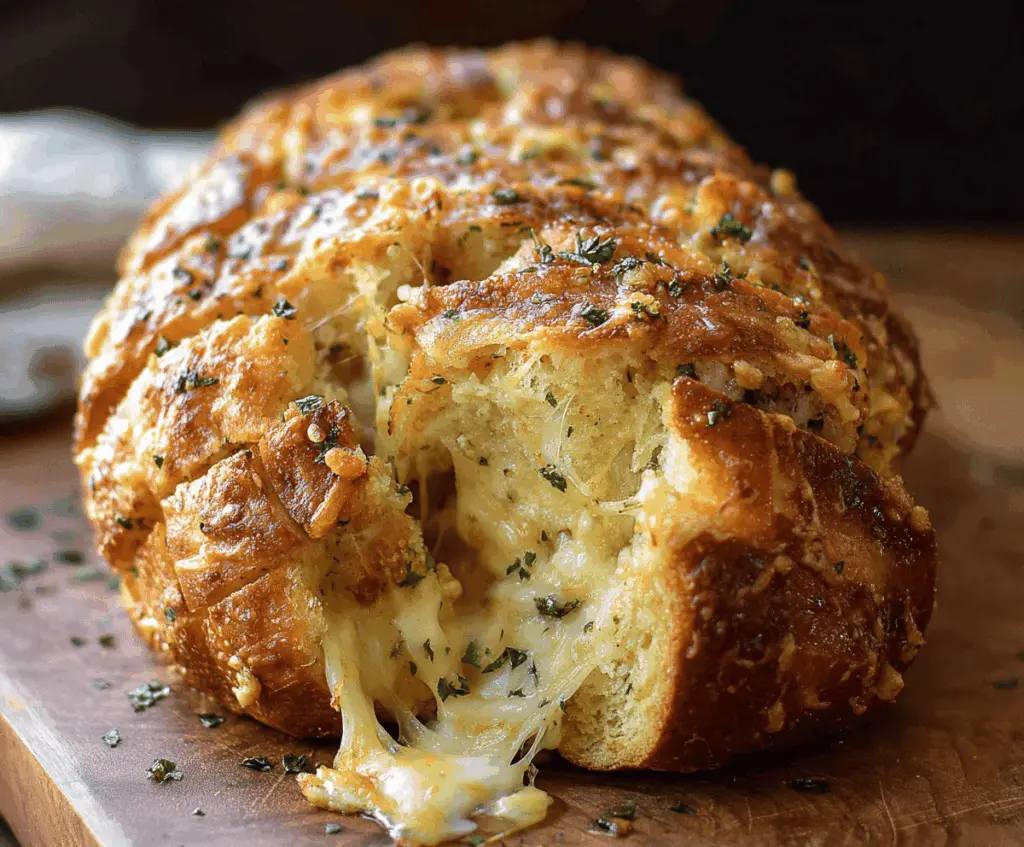 Golden cheesy garlic pull-apart bread served fresh, perfect for parties and gatherings.