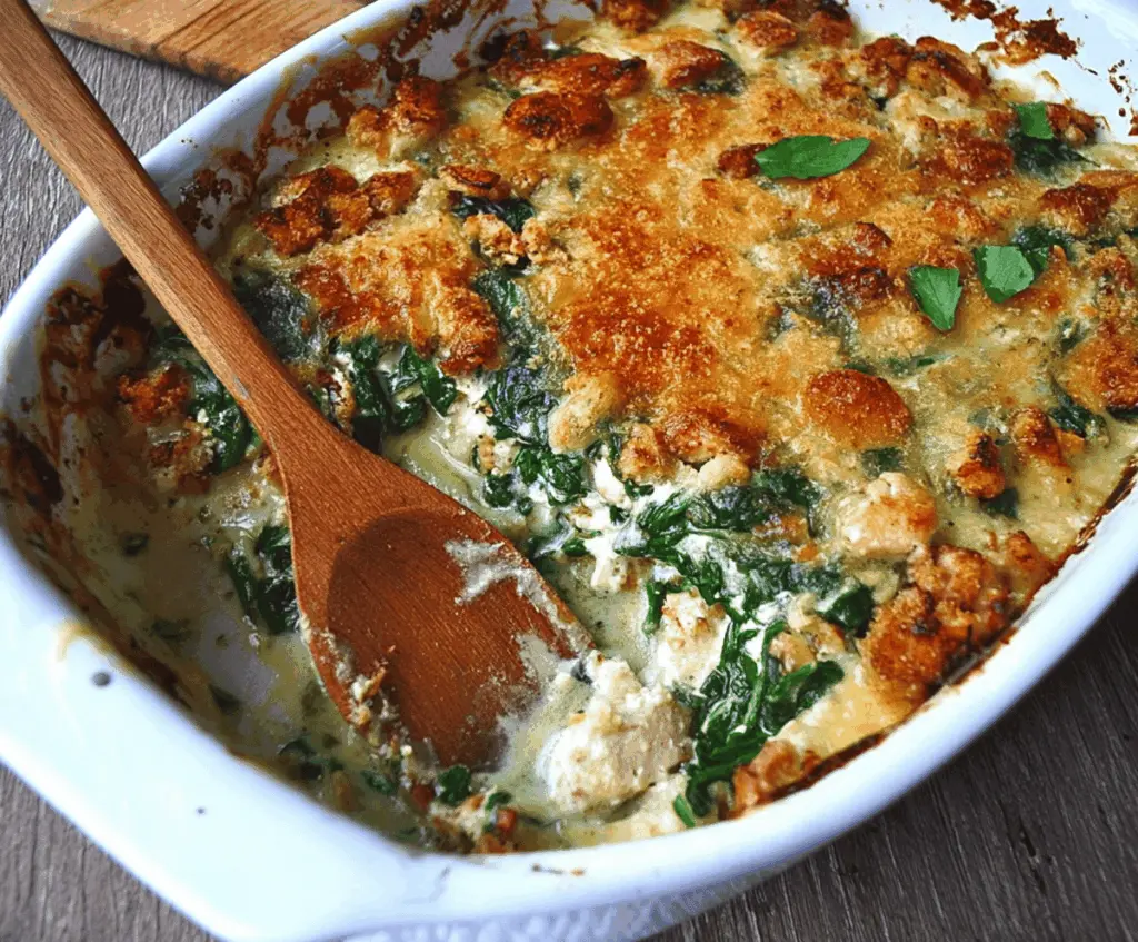Delicious Cheesy Turkey and Spinach Bake served in a casserole dish, showcasing a golden crust and fresh green spinach.