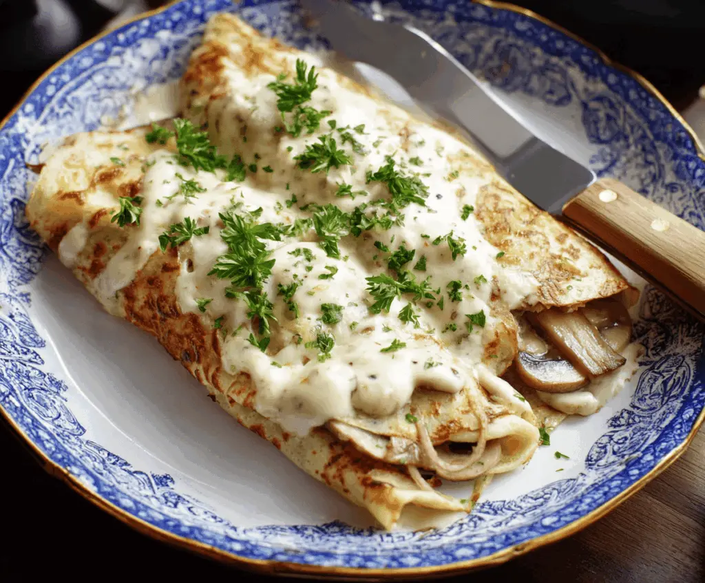 Delicious chicken and mushroom crepe bake served hot on a plate