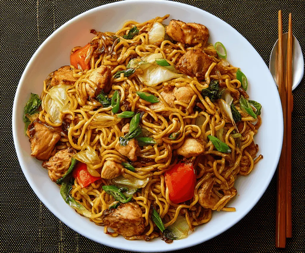 Delicious Chicken Yakisoba noodles topped with vegetables and grilled chicken.