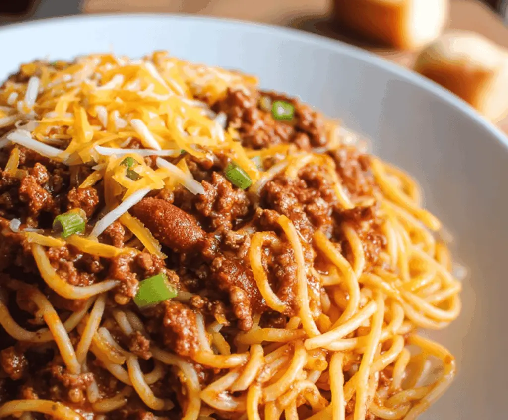 Delicious homemade chili spaghetti served in a bowl with garnishes
