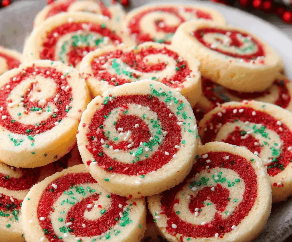 Festive Christmas Pinwheel Cookies decorated with colorful icing and sprinkles on a holiday plate.