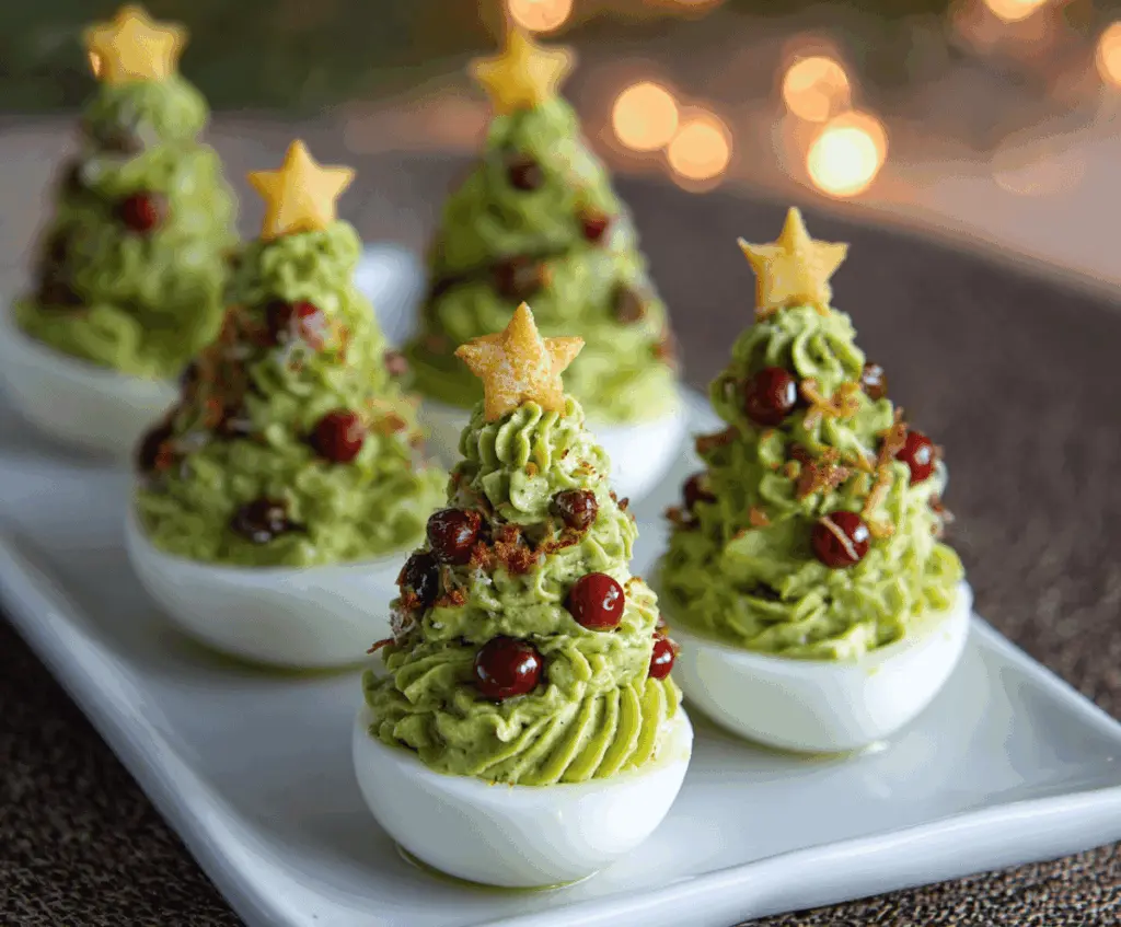 Festive Christmas Tree Deviled Eggs decorated with green herbs and red accents for holiday celebration.