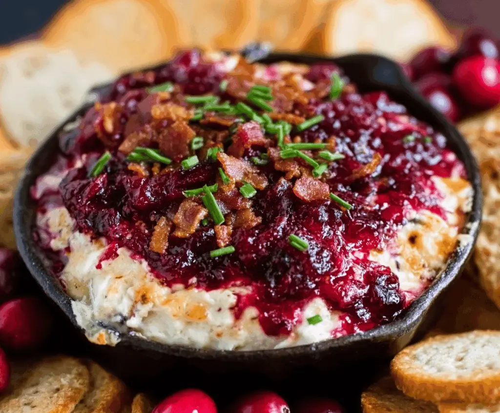 Delicious cranberry and bacon Swiss cheese dip served in a bowl, perfect for appetizers and holiday parties.