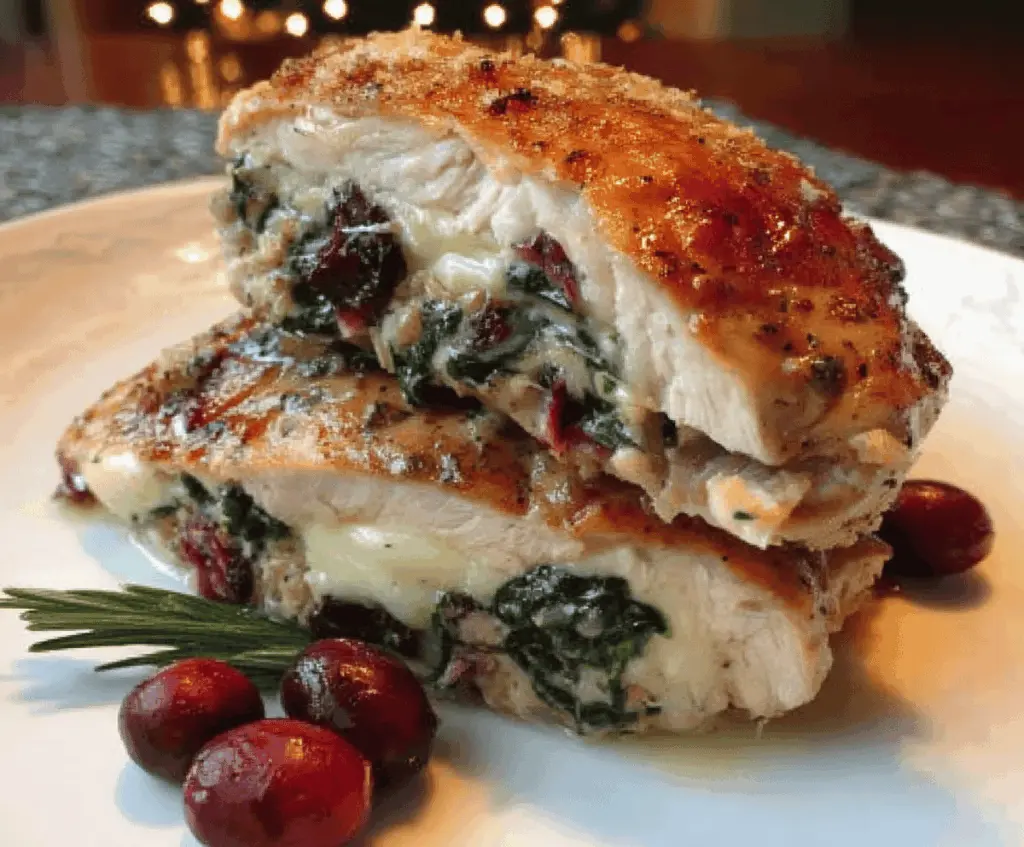 Delicious cranberry and spinach stuffed chicken breast topped with melted Brie cheese, perfect for a flavorful meal.