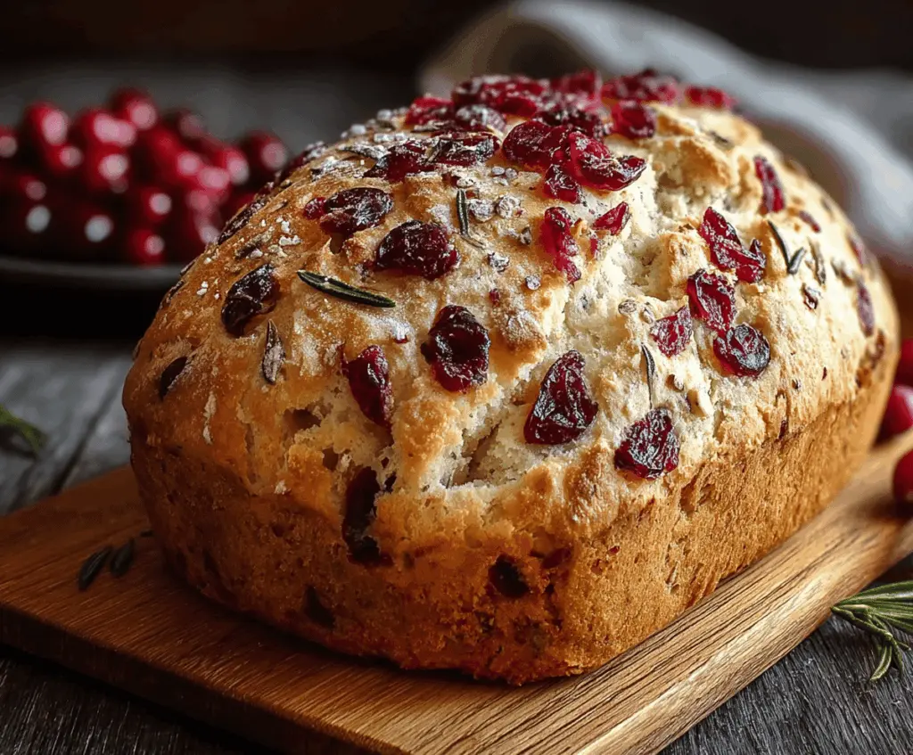 Delicious homemade cranberry bread topped with fresh cranberries and a golden crust.