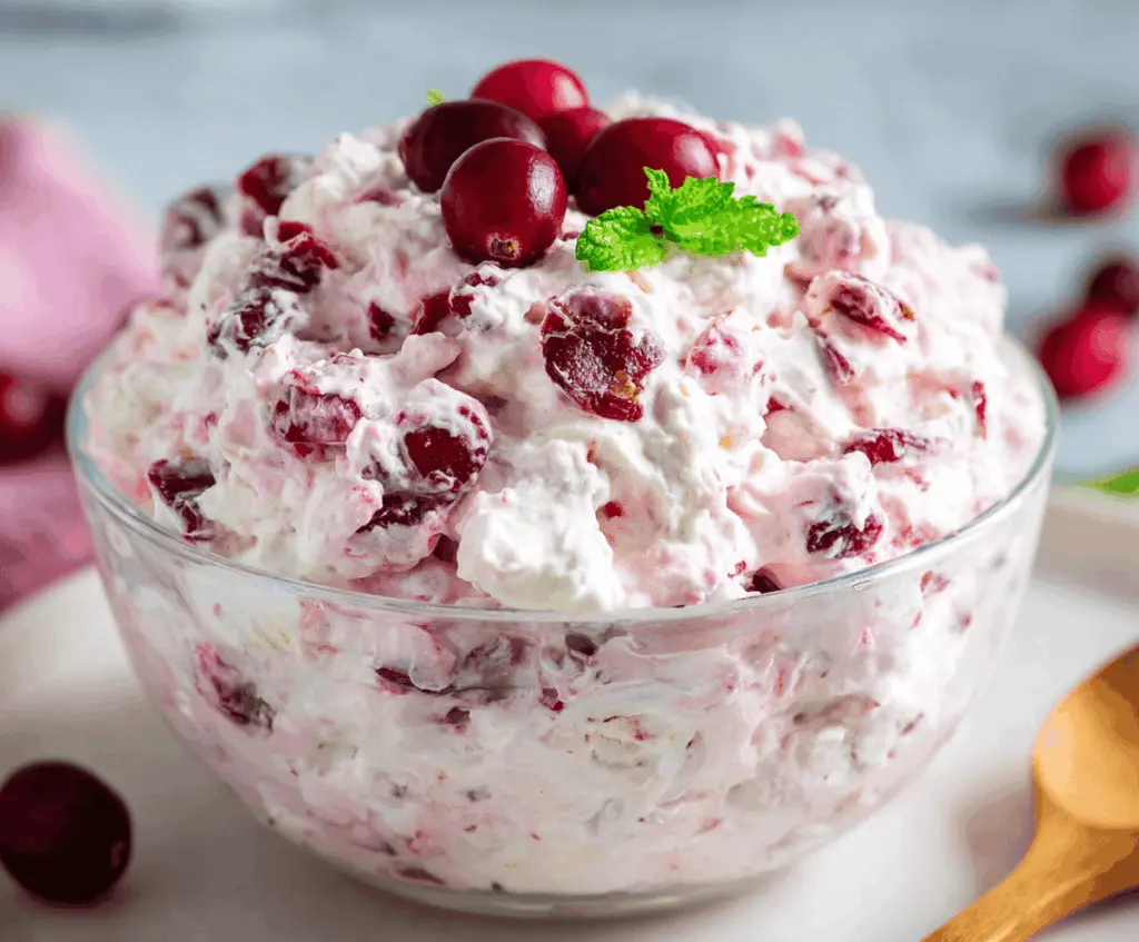 Creamy cranberry fluff salad with whipped topping and fresh cranberries for a festive dessert.